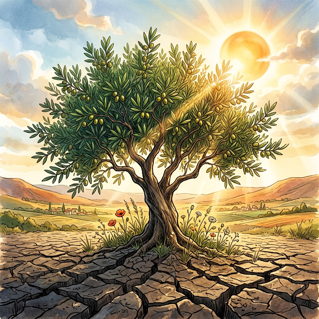 Árbol de olivo creciendo desde tierra seca bajo un sol brillante simbolizando esperanza