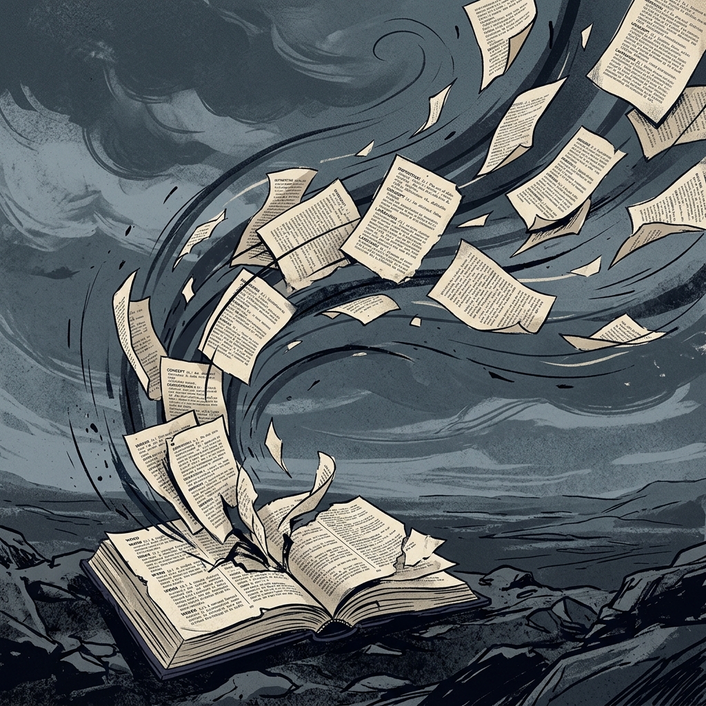 Ilustración conceptual: Páginas de definiciones al viento