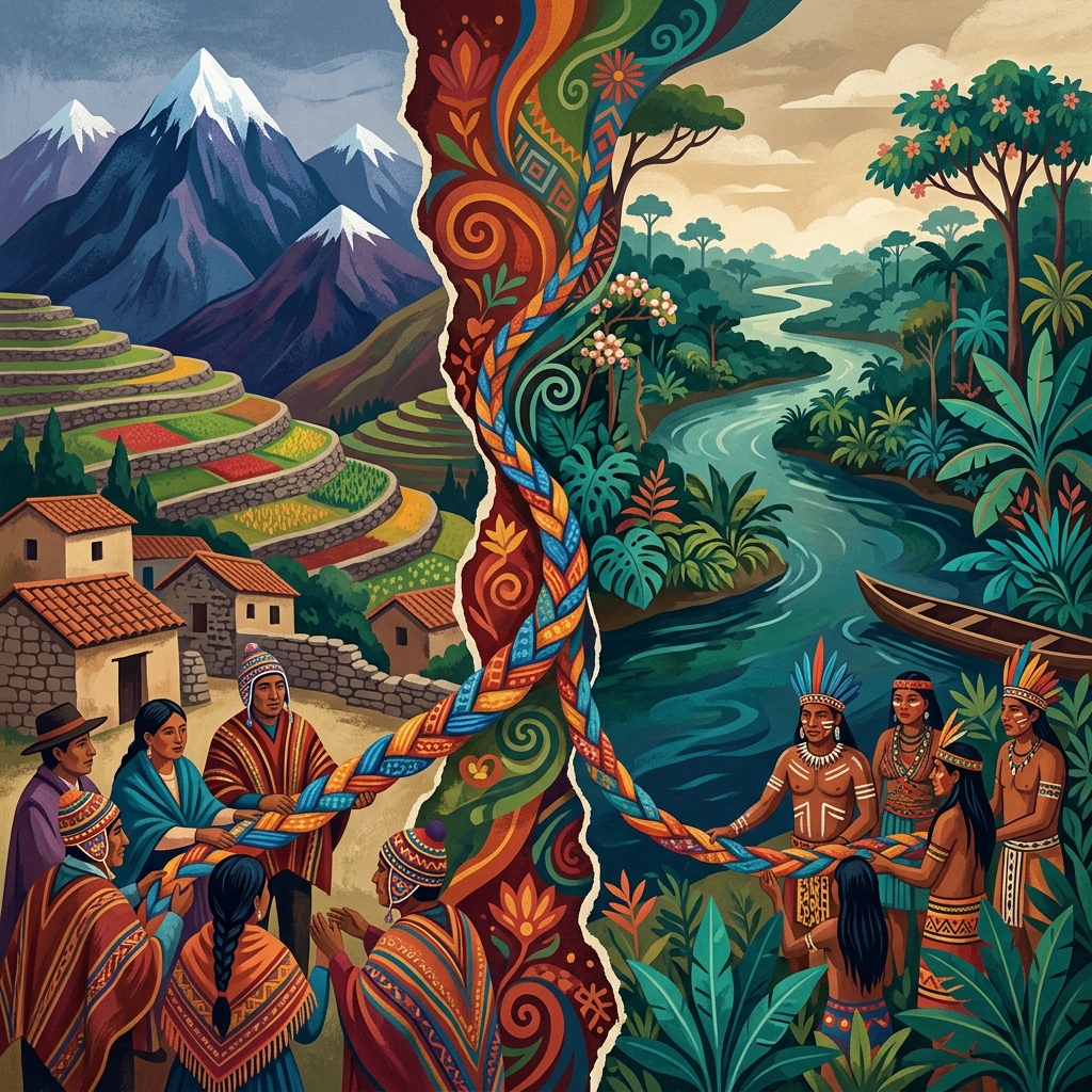 Composición dividida que conecta el paisaje de América Latina a través de un hilo de solidaridad